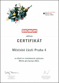 Certifikát za účast ve srovnávacím výzkumu Město pro byznys 2011.