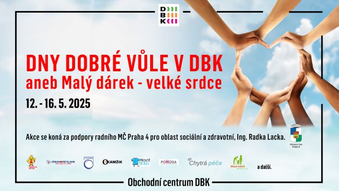 Také letos se uskuteční v Obchodním centru DBK týden na podporu obecně prospěšných organizací. Akce DNY DOBRÉ VŮLE aneb Malý dárek – velké srdce spolupořádaná městskou částí Praha 4 se uskuteční od pondělí 12. do pátku 16. května v -1. patře DBK. Lidé budou moci zakoupit ručně vyráběné produkty z chráněných dílen či přispět na charitativní projekty nebo podpořit veřejné sbírky.