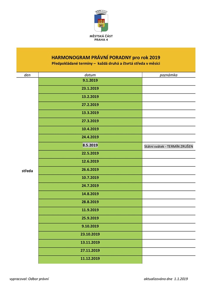 Harmonogram právní poradny pro 2019