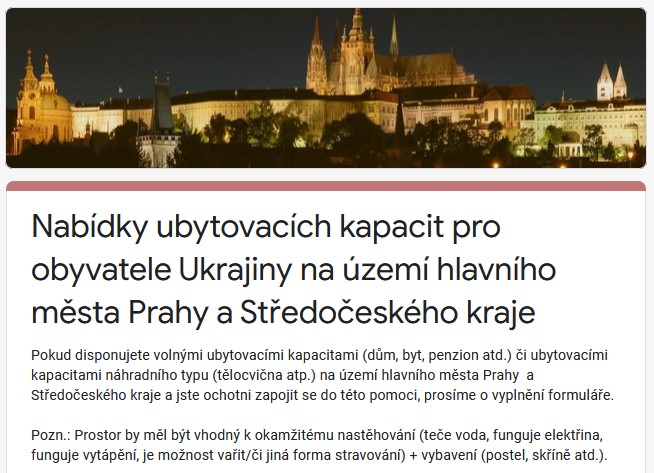 Nabídky ubytovacích kapacit pro obyvatele Ukrajiny na území hlavního města Prahy a Středočeského kraje.