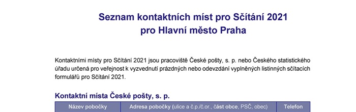 Sčítání 2021 - Seznam kontaktních míst pro Sčítání 2021 pro Hlavní město Praha