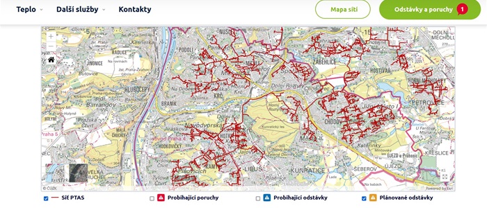 PTAS - mapa poruch a odstávek - web