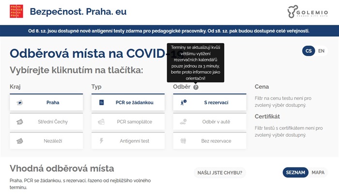 Přehled odběrných míst s antigenními testy v Praze nově přinese web covid.praha.eu, který na začátku října spustilo hlavní město Praha. Tato internetová stránka nabízí přehled o nejbližších volných termínech testování na COVID-19 na území Prahy a Středočeského kraje.