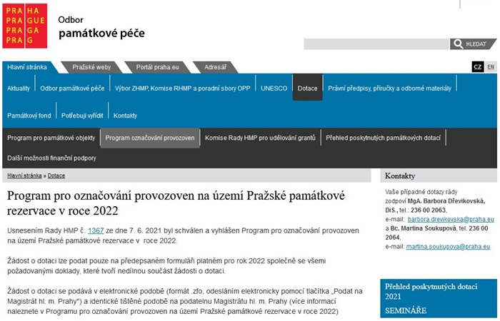 Praha vyhlásila Program pro označování provozoven na území Pražské památkové rezervace v roce 2022