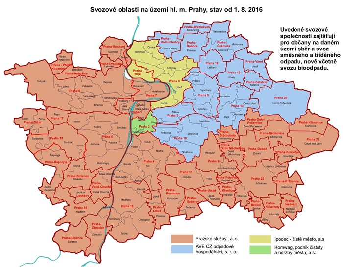 Svozové oblasti v Praze - stav k březnu 2020