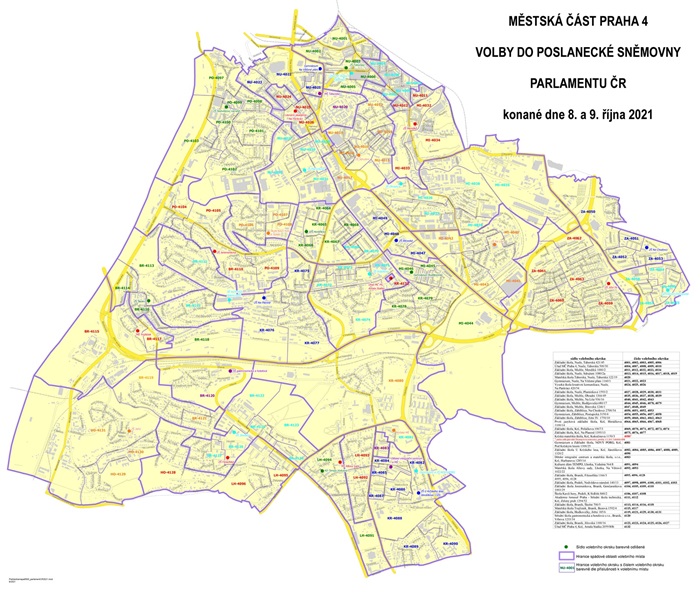 Mapa okrsků na Praze 4 - volby 2021