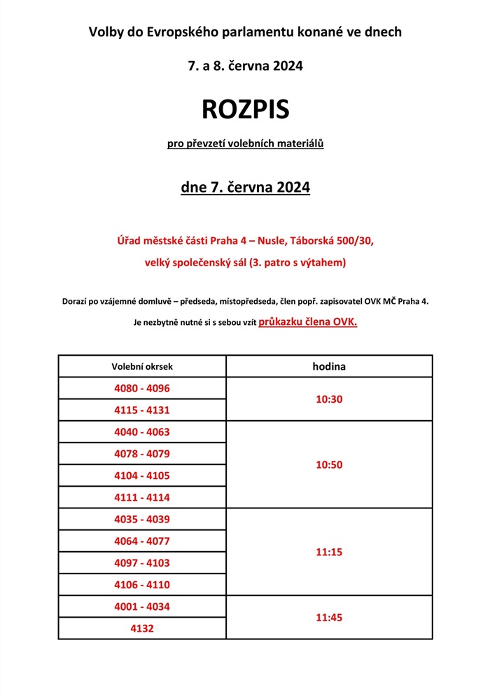 Rozpis časů pro převzetí volebních materiálů podle čísla OVK dne 7. června 2024 - Táborská - stará radnice