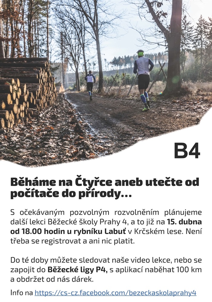 S očekávaným postupným rozvolněním vládních opatření proti nemoci CVoviod-19 plánuje Běžecká škol Prahy 4 další lekci. Sraz je ve čtvrtek 15. dubna od 18.00 hodin opět u rybníku Labuť v Krčském lese. Není třeba se registrovat a ani nic platit. 