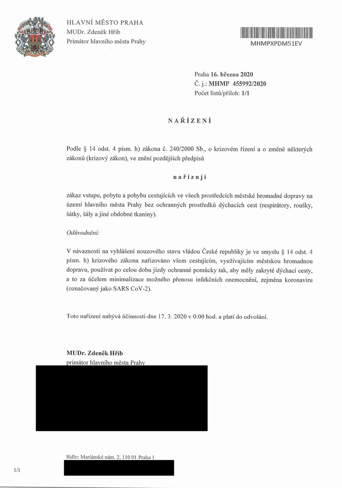 Nařízení primátora ze dne 16. 3. 2020 - MHD roušky_Redigováno